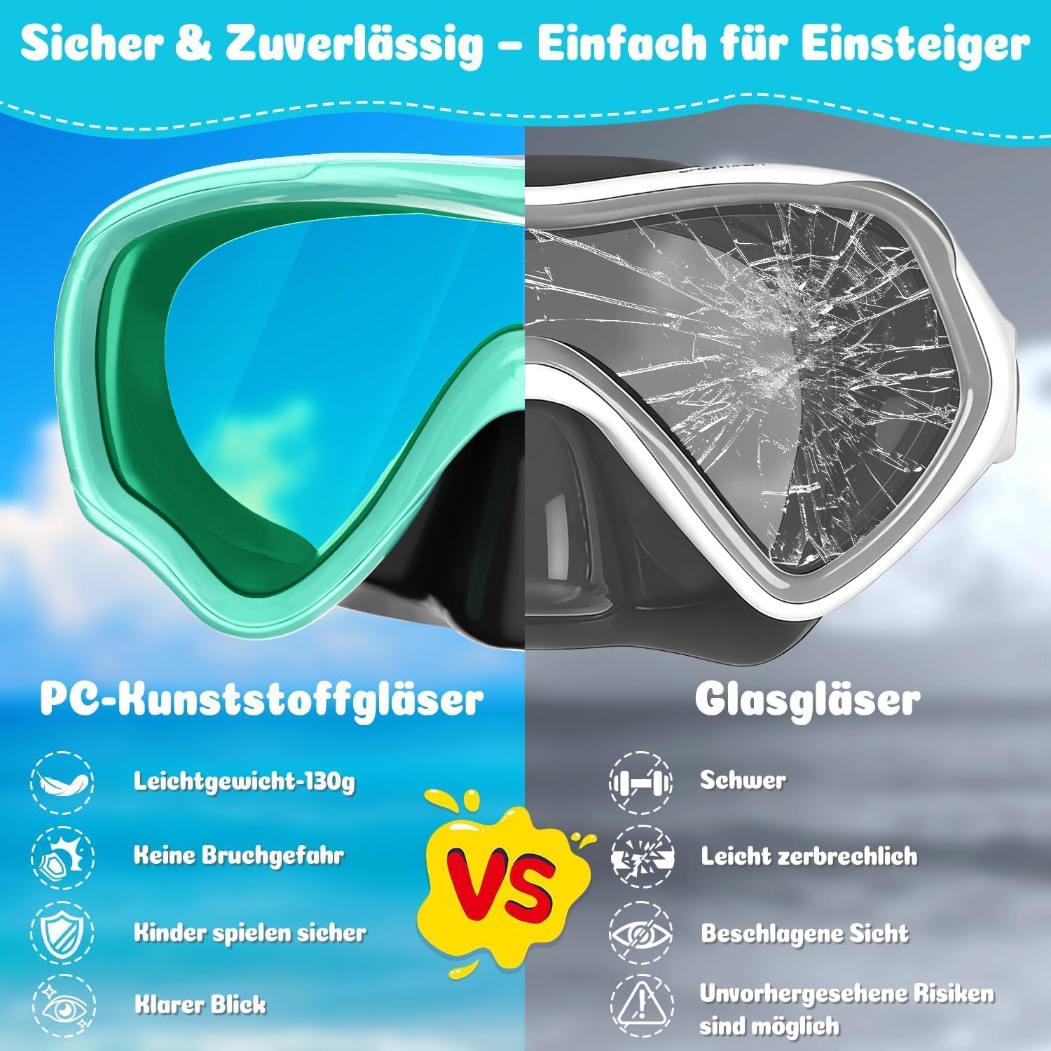 Detalle de COOLOO Kinder-Schnorchelmaske mit 180° Panorama, Anti-Nebel, Nasenabdeckung und Quick-Release