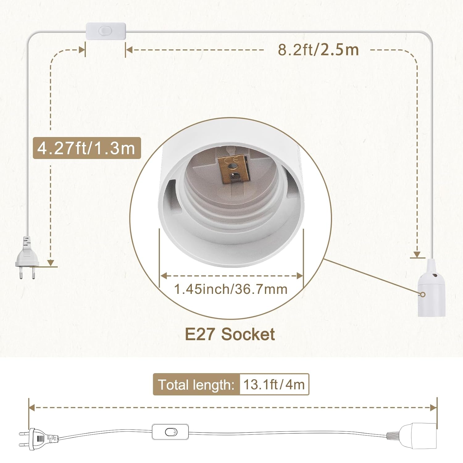 Thumbnail 3 de DiCUNO E27 Lampenfassung mit Schalter, 2er-Set (E27 Lampensockel, 2 m/4 m Netzkabel, EU-Stecker) – für Pendel- und Deckenleuchten