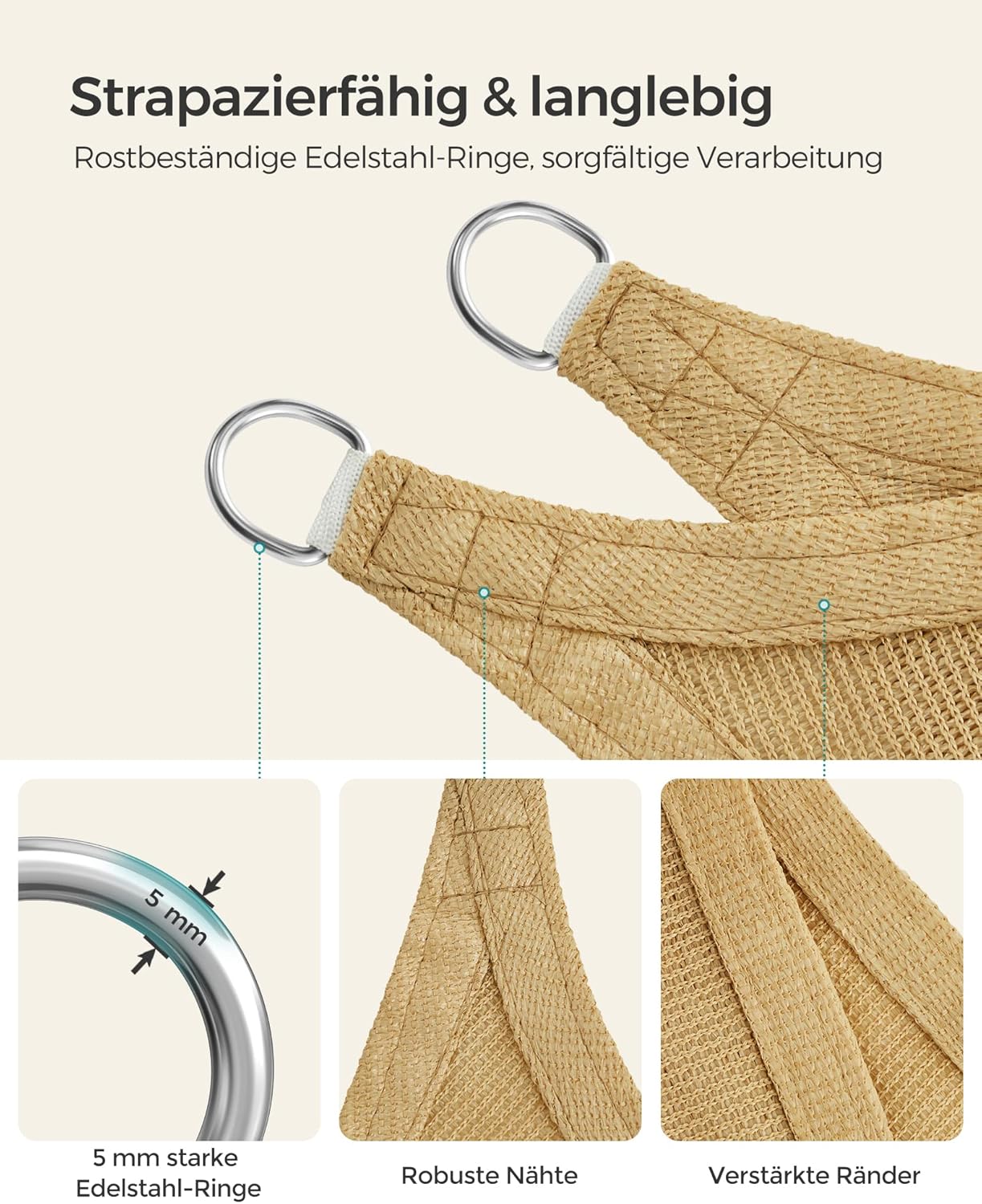 Thumbnail 3 de SONGMICS Sonnensegel 3 x 5 m aus HDPE – UV-Schutz, atmungsaktiv, Sandgelb (GSS35EYV1)