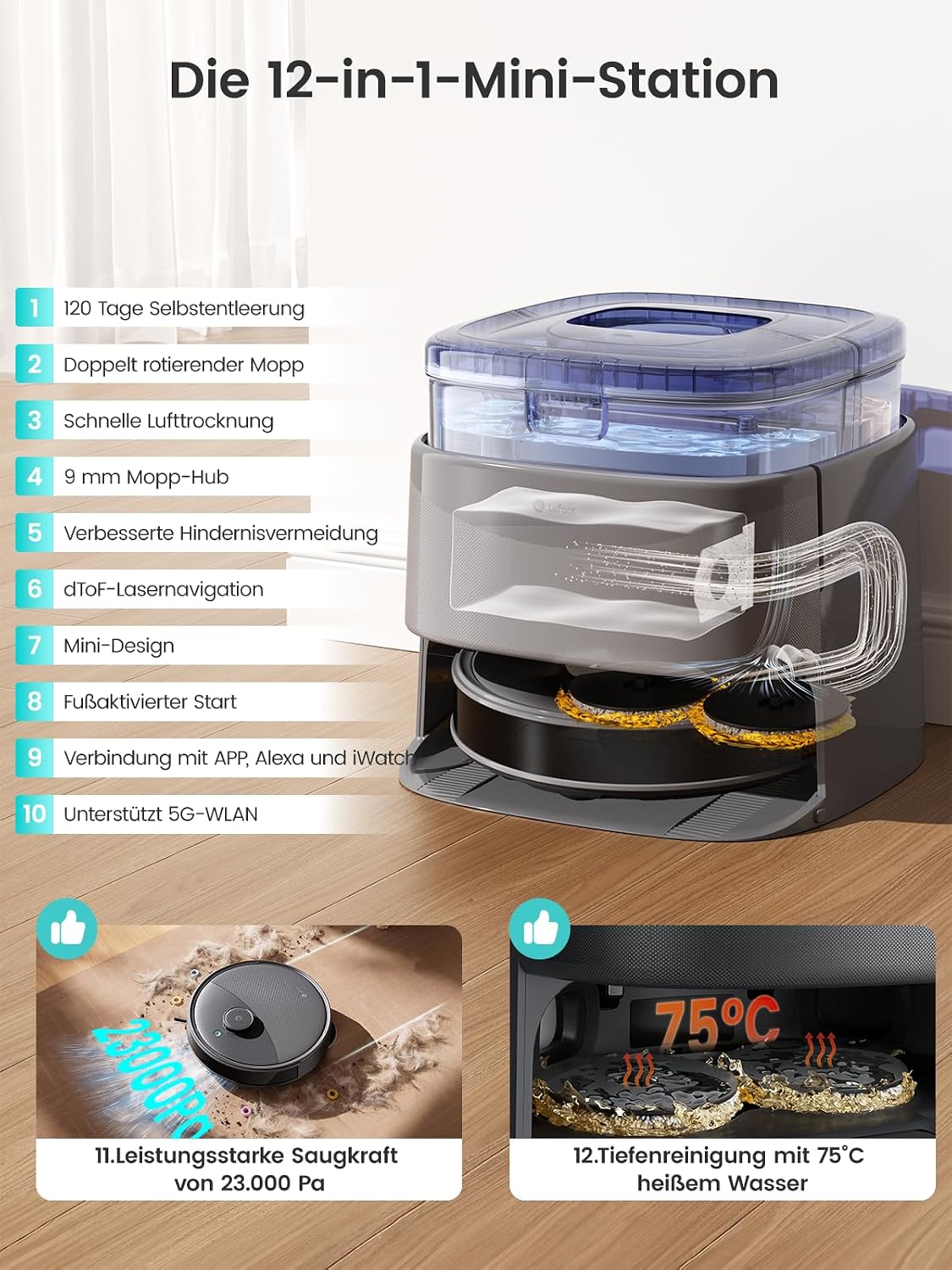 Detalle de Lefant M3 Ultra Staubsaugerroboter – 23000 Pa, 360° dToF-Navigation, automatische Staubentleerung 3,2 L, PSD-Hinderniserkennung