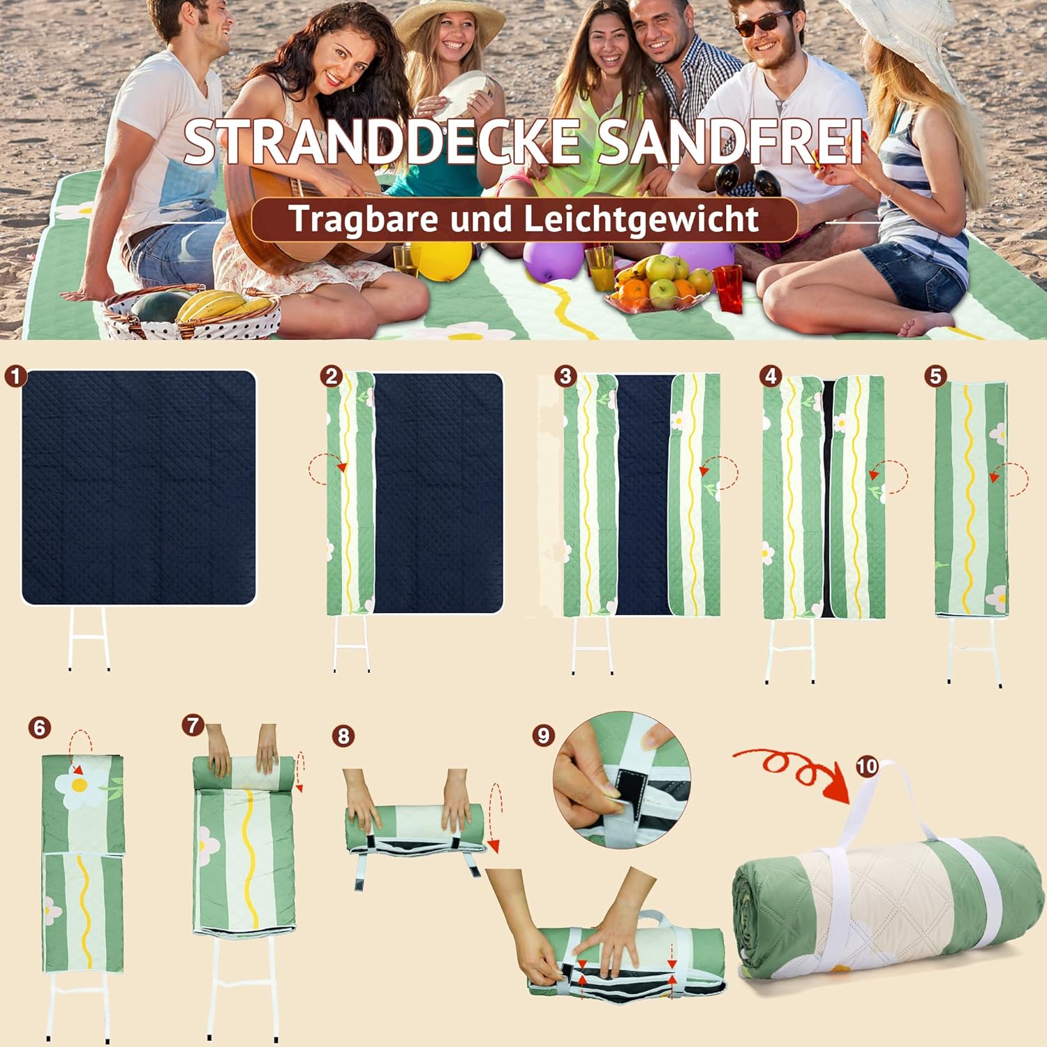 Thumbnail 6 de LARUTAN Picknickdecke 200x200 cm – wasserdicht, waschbar und faltbar mit Tragegriff