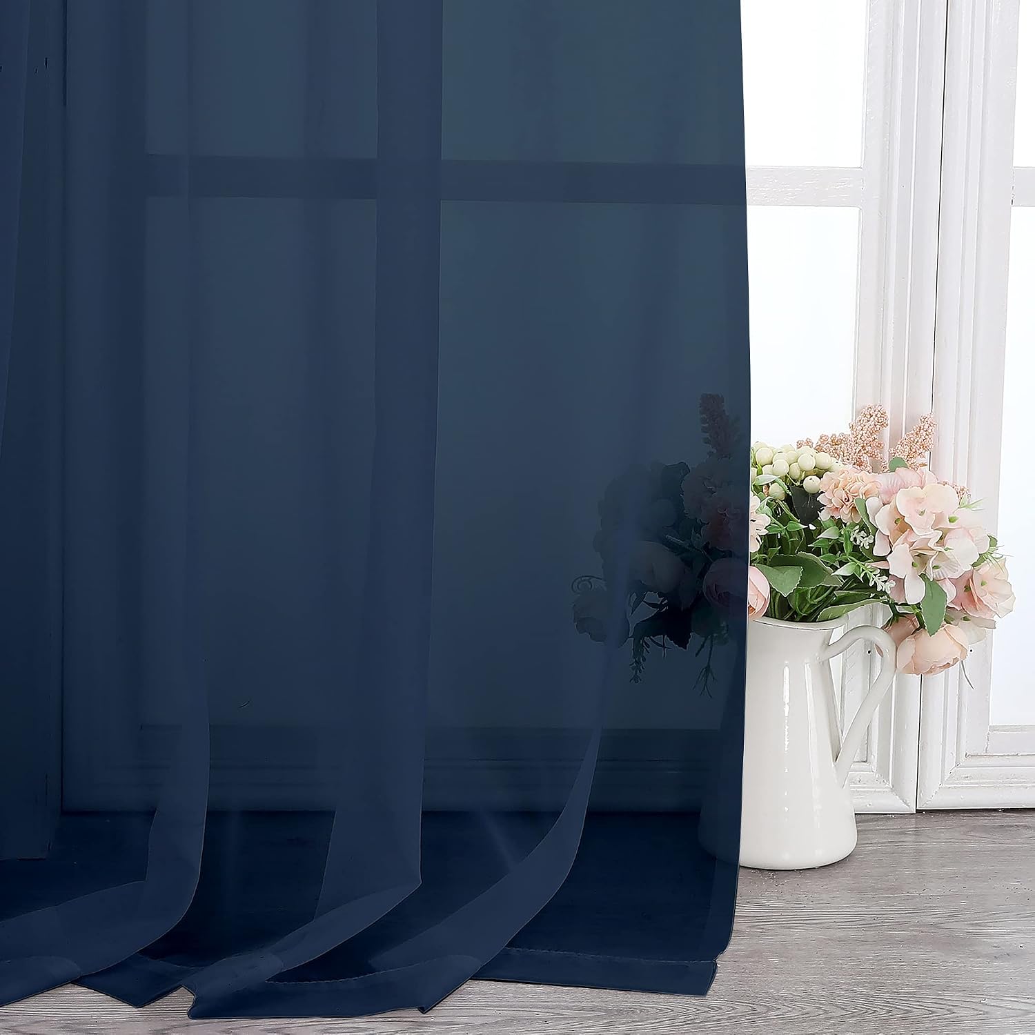 Detalle de Chyhomenyc Navy Blue Sheer Scarf Valances (2-Pack) — 42" x 216" Extra Long Window Drapes