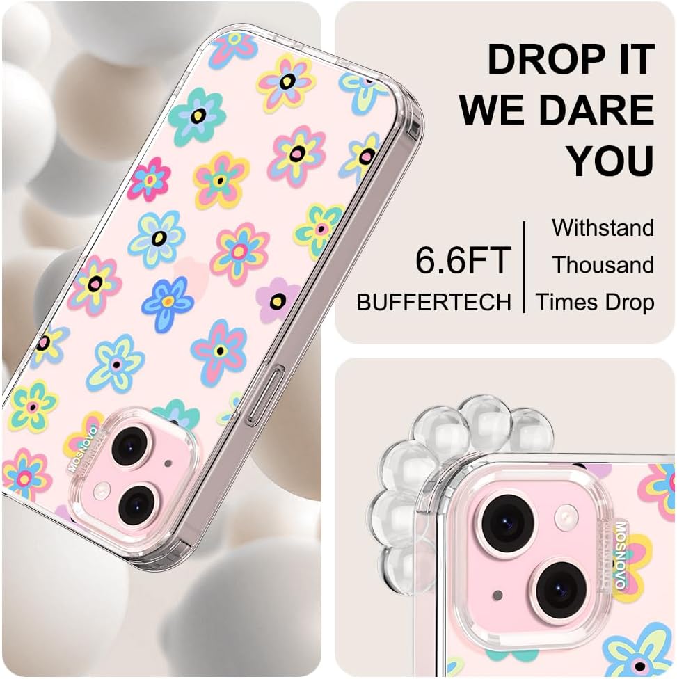 Thumbnail 4 de MOSNOVO Case for iPhone 15 Plus / 14 Plus — Buffertech 6.6ft Drop Protection, Clear Groovy Flower Bumper