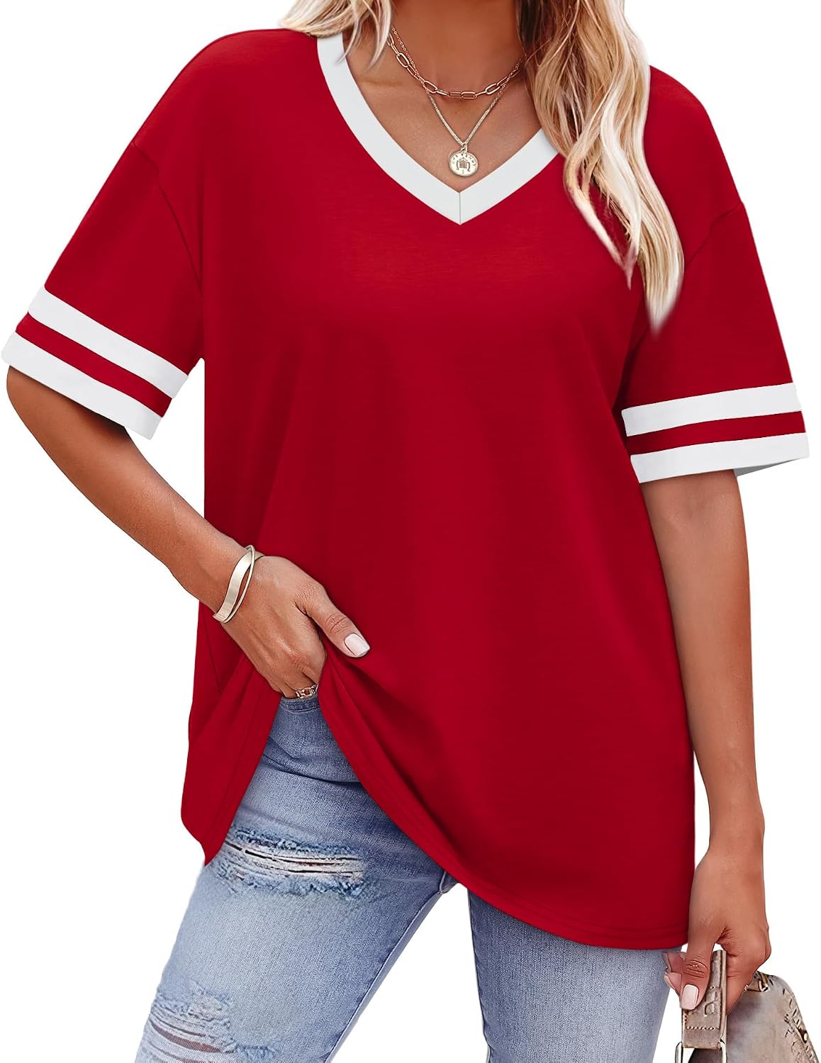 Detalle de WIHOLL Women’s Loose Fit V-Neck Color Block T-Shirts (Short Sleeve)