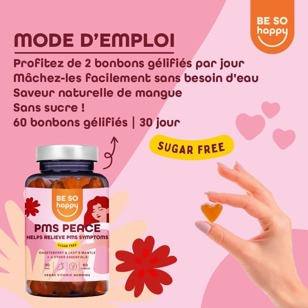 Detalle 2 de Supplément sans sucre PMS PEACE BeSoHappy® – 60 bonbons végétaliens, sas sucre