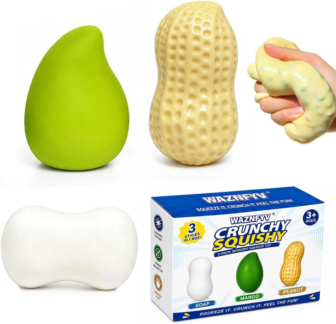 Detalle de WAZNFYV 3-Pack Crunchy Squishy Toys, Mango, Peanut & Soap Shapes
