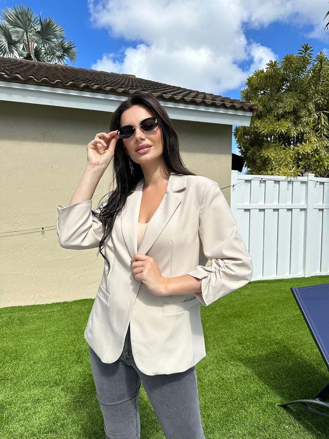 Thumbnail 5 de ELLEVEN Women's Ruched 3/4 Sleeve Blazers: Lightweight Slim Fit Jacket with Padded Shoulders