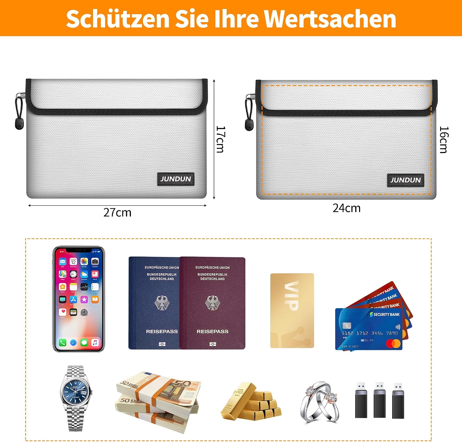 Detalle 1 de JUNDUN Feuerfeste Dokumententasche 27 x 17 cm – 8-lagig, wasserdicht & feuerfest (Silbern)