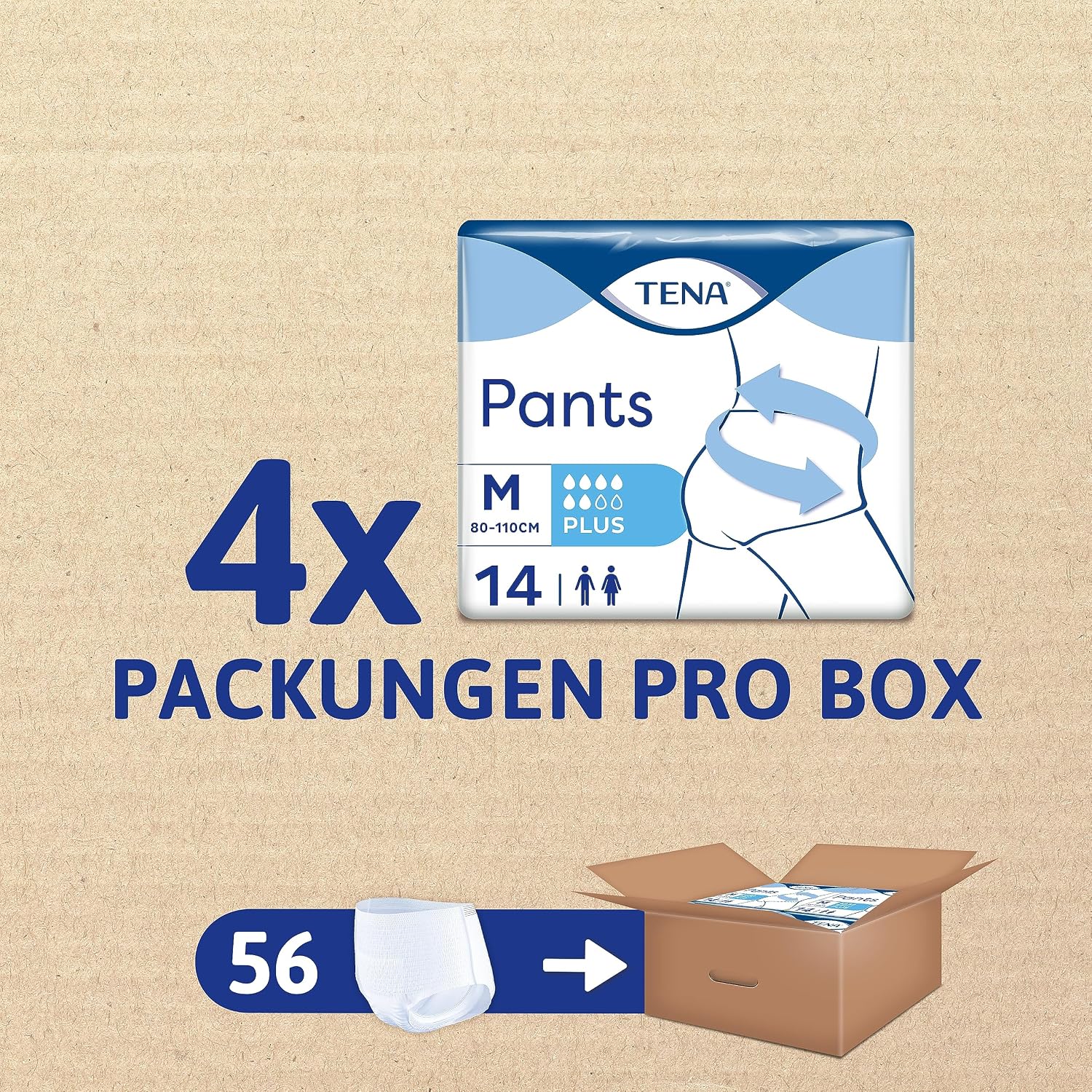 Detalle de TENA Pants Plus Unisex Inkontinenzslips, 56 Stück im Monatspaket (4 x 14 Stück), Größe M