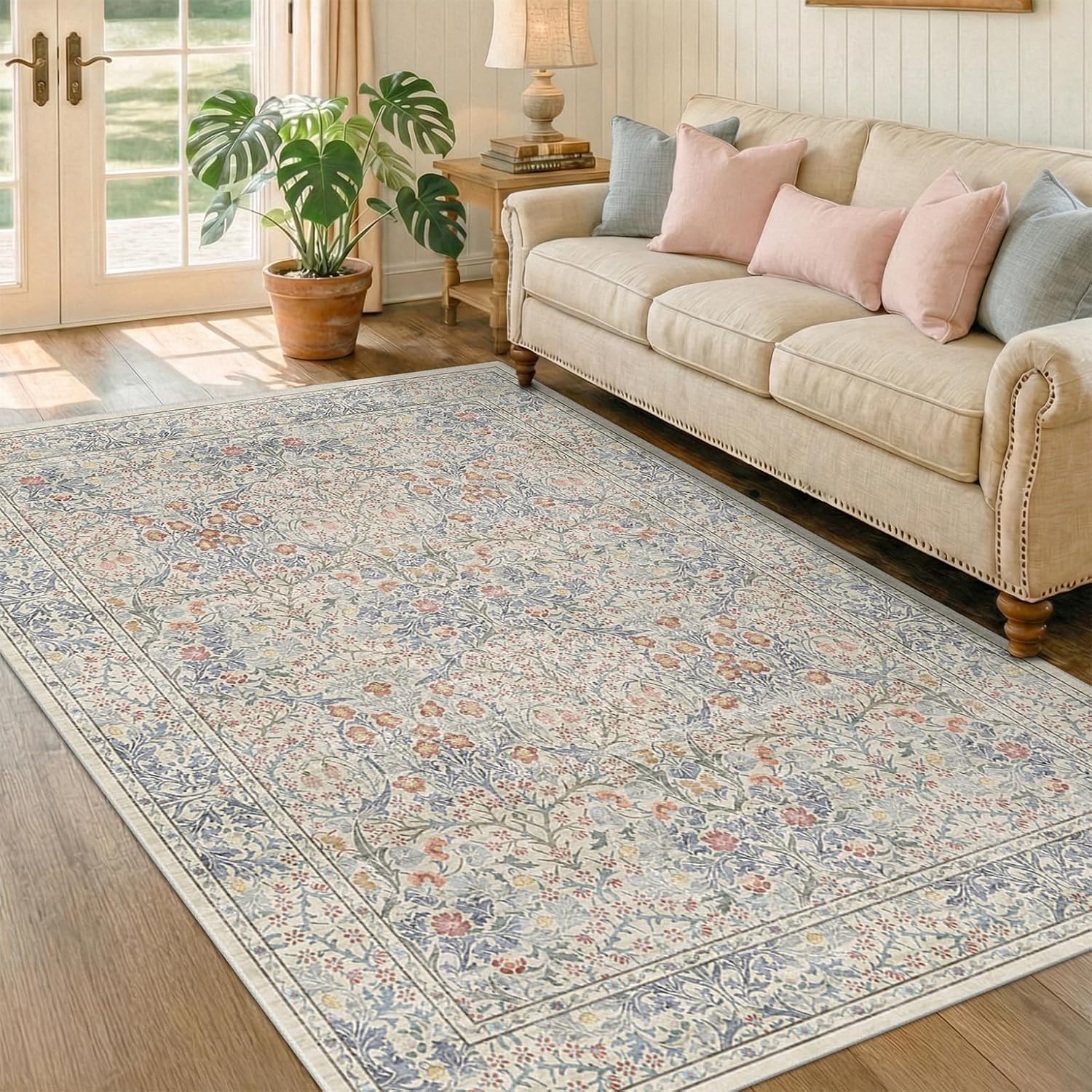 Detalle 2 de Hazo Haus 5' x 7' Floral Area Rug, Washable Low-Pile Polyester with Non-Slip Backing