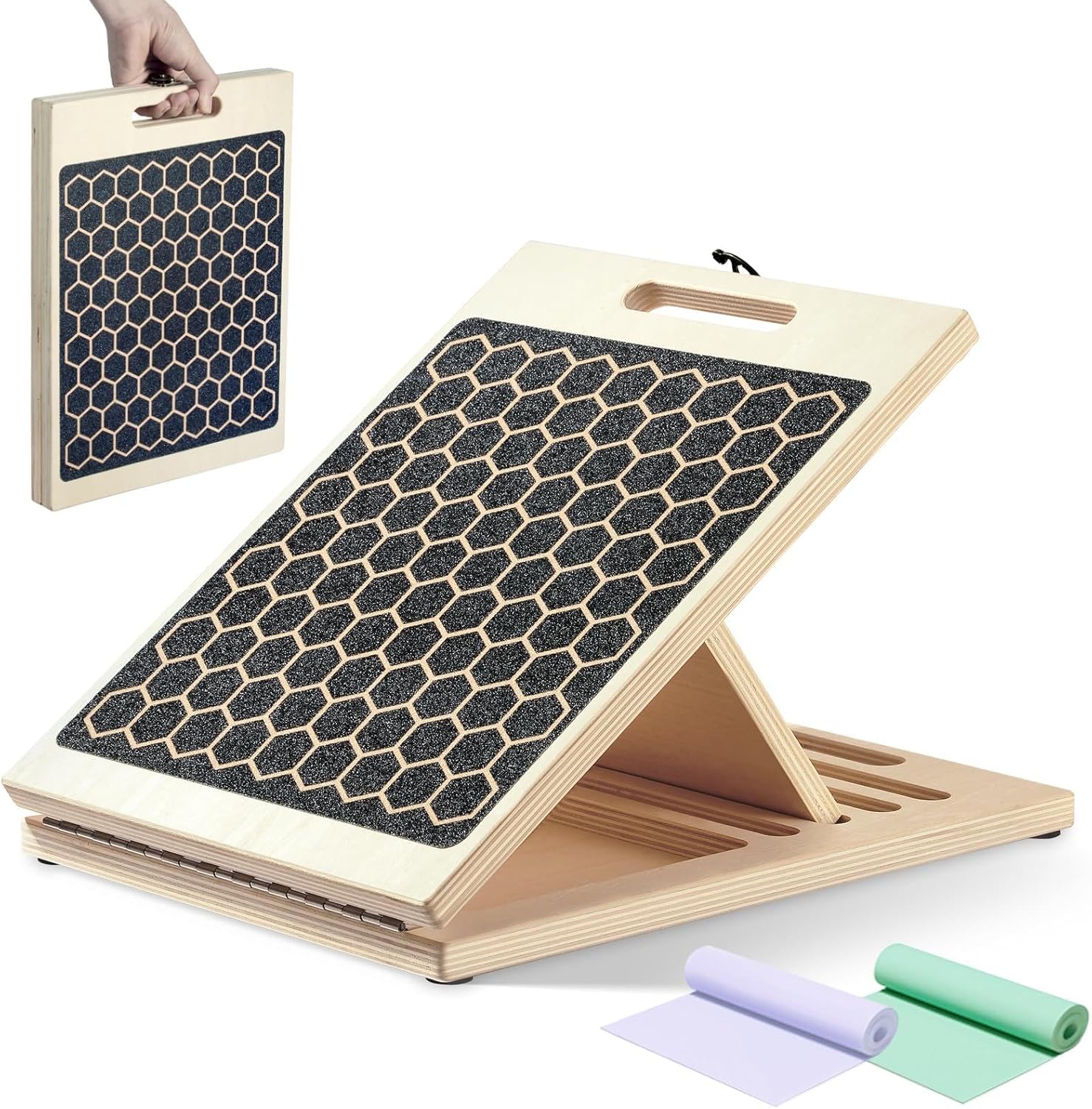Slant Board for Calf Stretching with 2 Resistance Bands and Training Poster (11-Layer Hardwood Stretch Board)