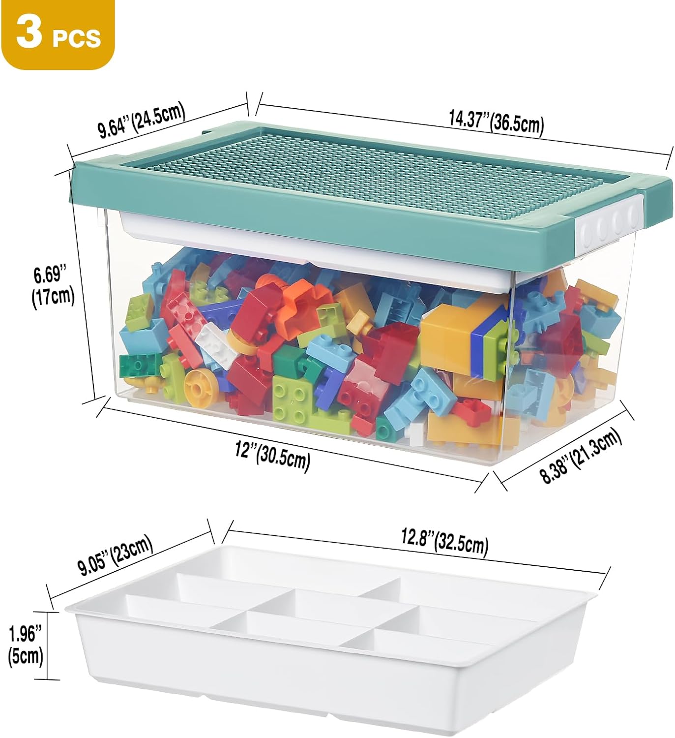 Thumbnail 1 de Greentainer Art Craft Storage Organizer Bins with Removable Tray (Set of 3) – Stackable, Transparent Plastic Boxes for Building Bricks and Kids’ Toys