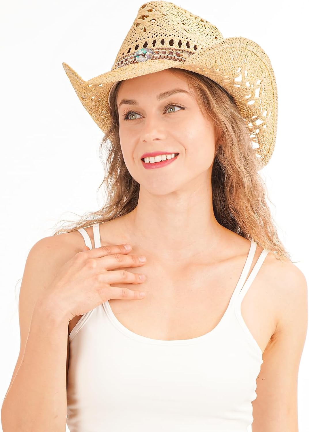 Detalle de WQWOVRVO Straw Cowboy Hat, Natural Straw