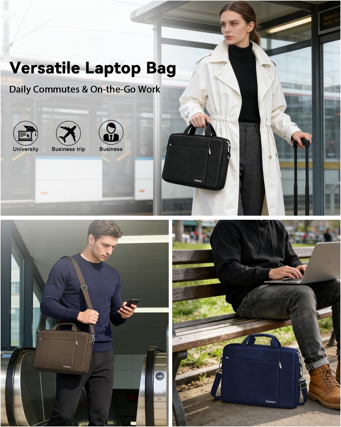 Detalle 2 de Ferkurn 17–17.3 inch laptop messenger bag case (water-repellent polyester, detachable shoulder strap) – Black