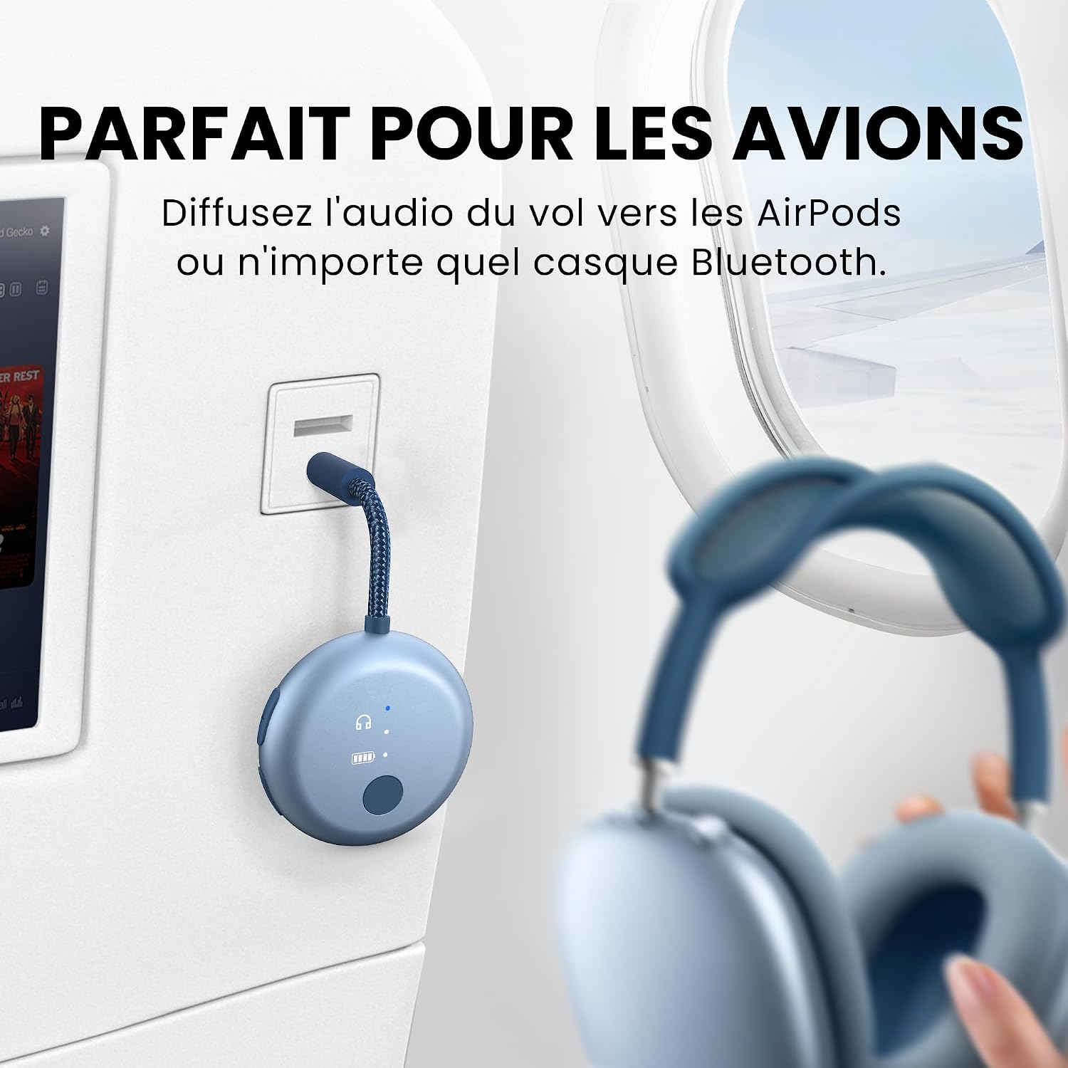 Detalle de Avantree SoundJet R1 – Adaptateur avion Bluetooth pour AirPods et écouteurs, aptX Adaptive, 20 h d’autonomie