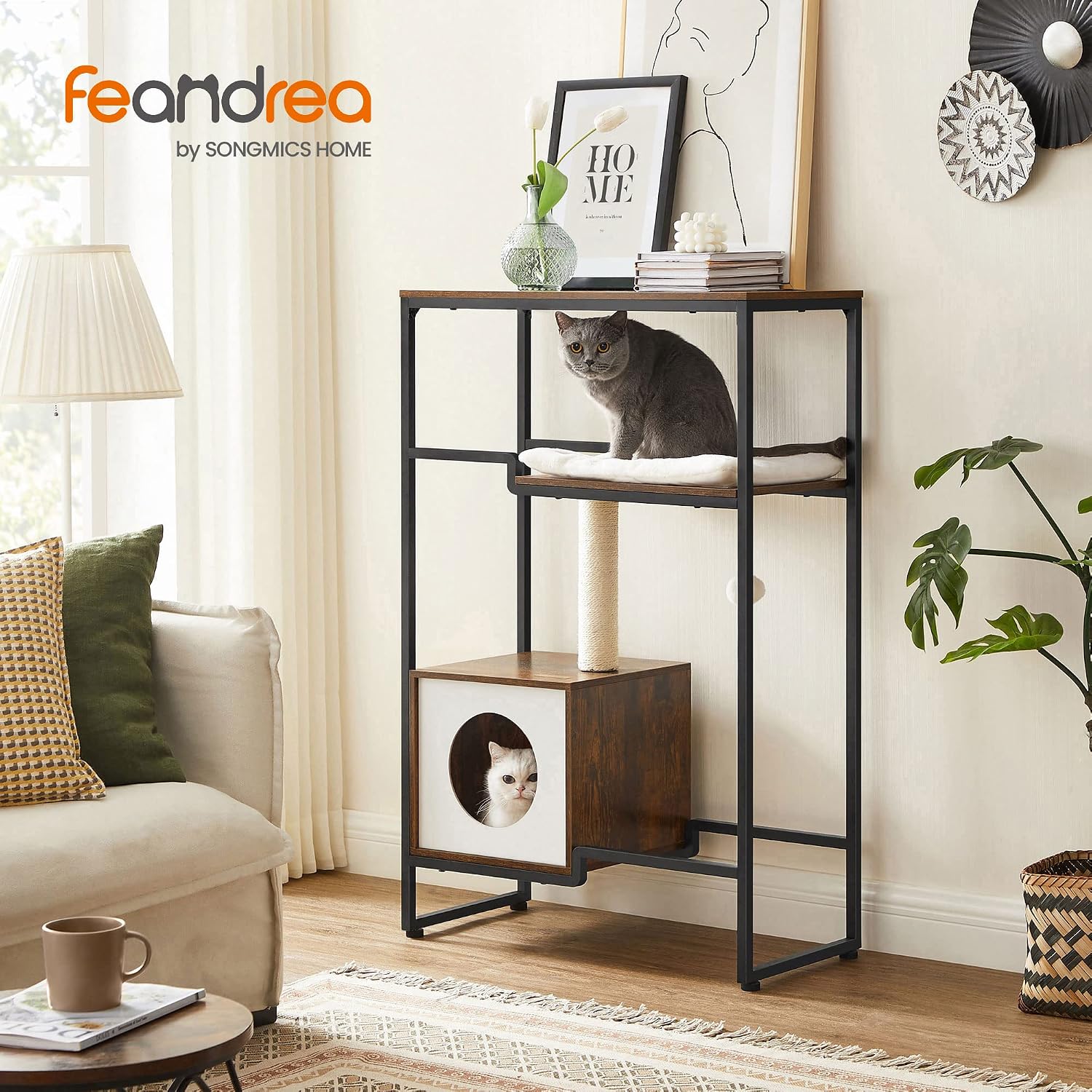 Thumbnail 1 de FEANDREA Arbre à Chat, Maison, Niche, Gain de Place – Marron Rustique PCT112X01