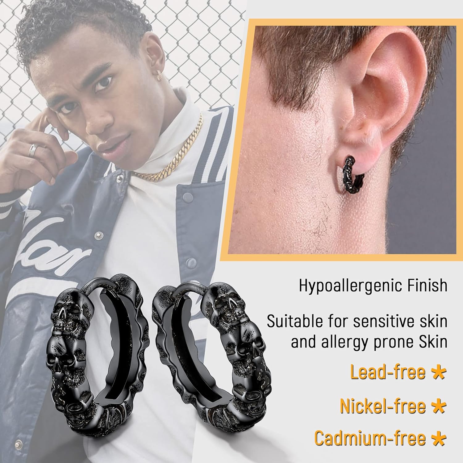 Thumbnail 1 de PROSTEEL Boucle d’oreille homme tête de mort en acier inoxydable 316L, créole pendante noir