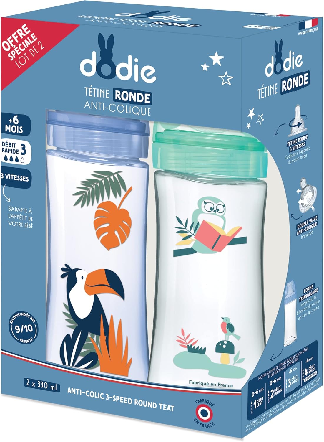Detalle de DODIE Lot de 2 Biberons Anti-Coliques 330 ml avec Tétines Rondes 3 Vitesses – Bleu et Vert