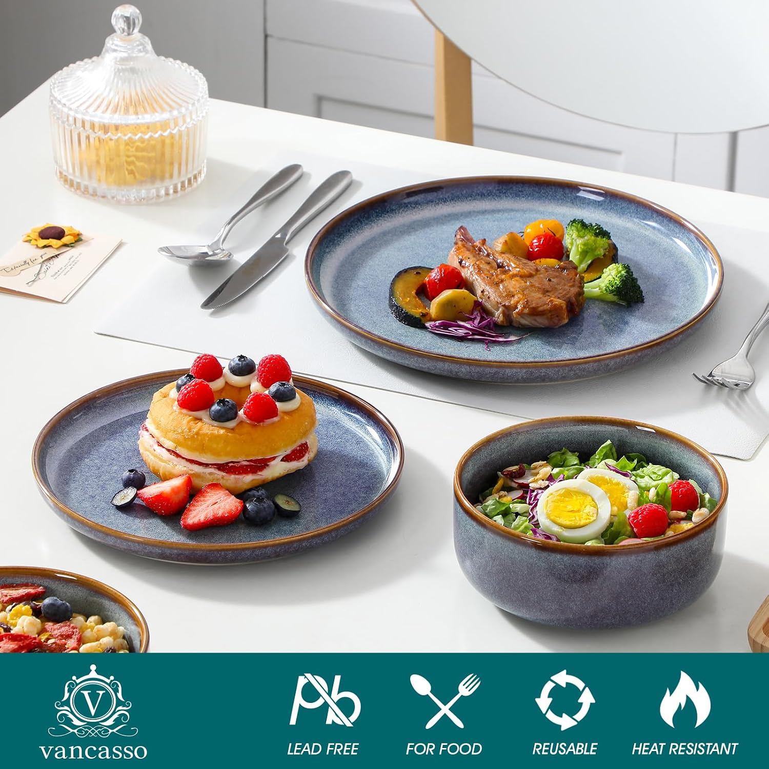 Detalle de vancasso PLAYA 24-Piece Grey-Blue Dinnerware Set for 8