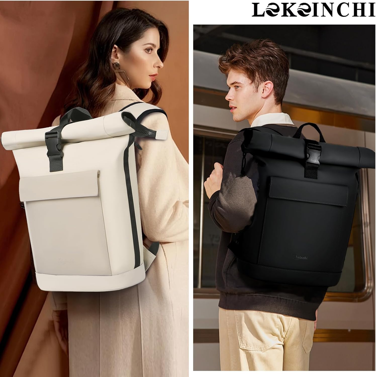 Detalle de Lekeinchi Rolltop Rucksack – Wagendurchlässiger Rucksack mit 17 Zoll Laptopfach, 16–20 L, wetterfest, Uni/Arbeits- und Reiserucksack (Beige/Khaki)