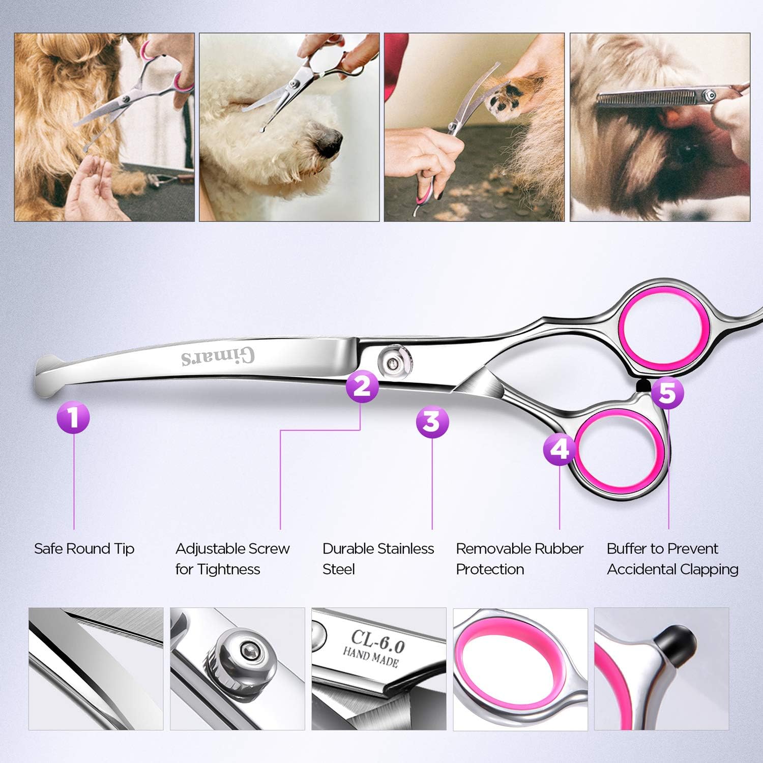 Thumbnail 3 de Gimars 4CR Stainless Steel Safety Round Tip 6 in 1 Pro Dog Grooming Scissors Set (Pink)