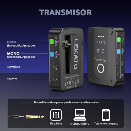 Detalle de LEKATO MS-02: Monitores In-Ear Inalámbricos 2,4G con Transmisor y Receptor