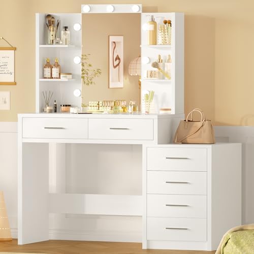 Detalle de TEENFON ENSTA031WD-ZF Vanity Table with Mirror, Lighting and 6 Drawers