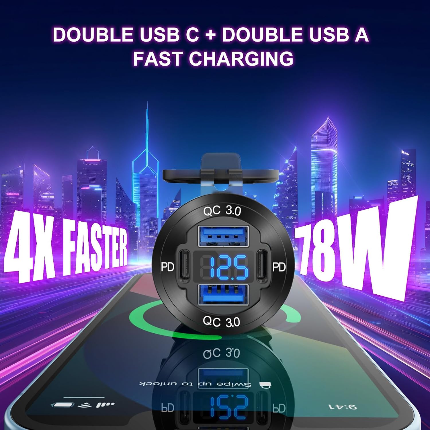 Detalle de Hapytrip DE22 4-Port 12V USB Charger, 78W PD/QC, Aluminum, Voltmeter