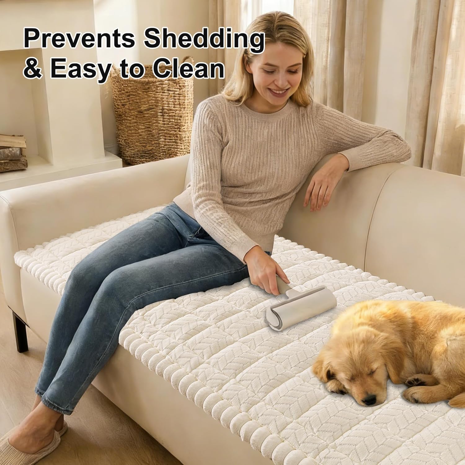 Detalle de Smiry Non-Slip Fuzzy Couch Covers for Dogs (Beige) for 3-Cushion Sofas, Washable Slipcovers