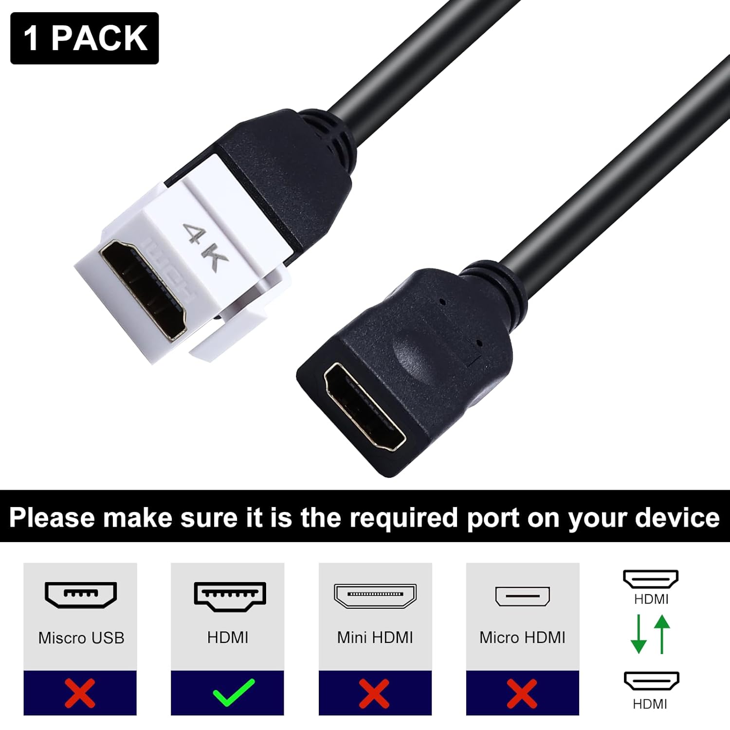Detalle 2 de Maxhood HDMI Keystone Jack Cable 8inch: 4K Female to Female Pigtail for Wall Plates