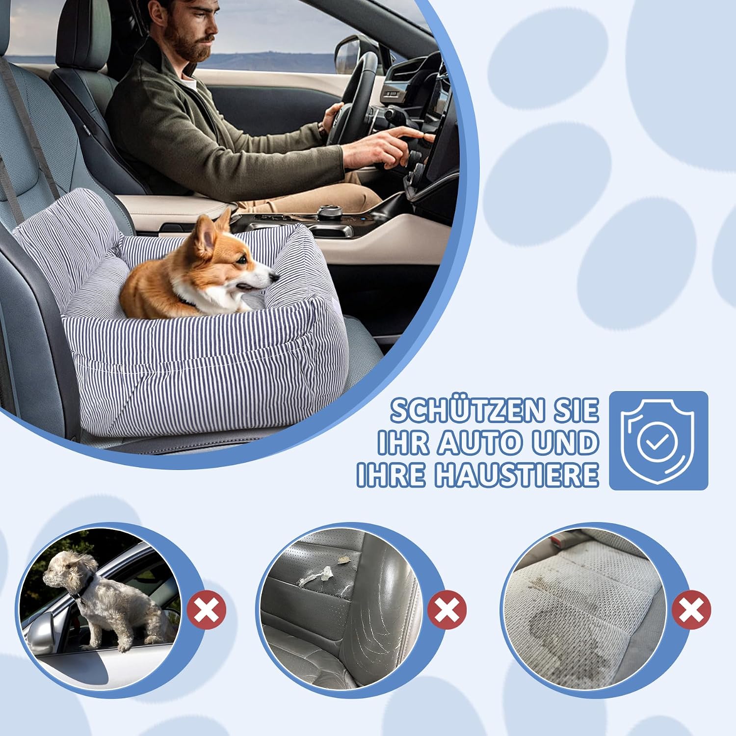 Thumbnail 4 de CALIYO Hundeautositz mit stabiler Basis, Sicherheitsgurt & Memory-Foamauflage (blau/weiß) – für Hunde bis 10 kg