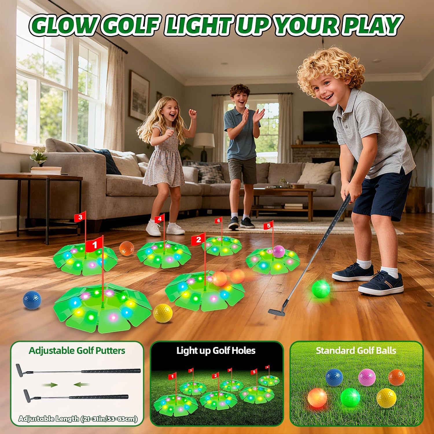 Detalle de VATOS Light up Golf Putting Game Set – Glow Golf Toy with 6 LED Holes and 6 Balls