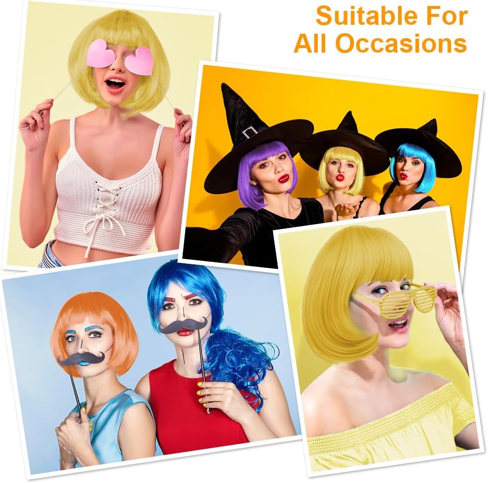 Thumbnail 5 de Aomig Short Bob Wig Set for Women – 3 Pack in Neon Lemon Yellow with Caps, Bangs, and Accessories