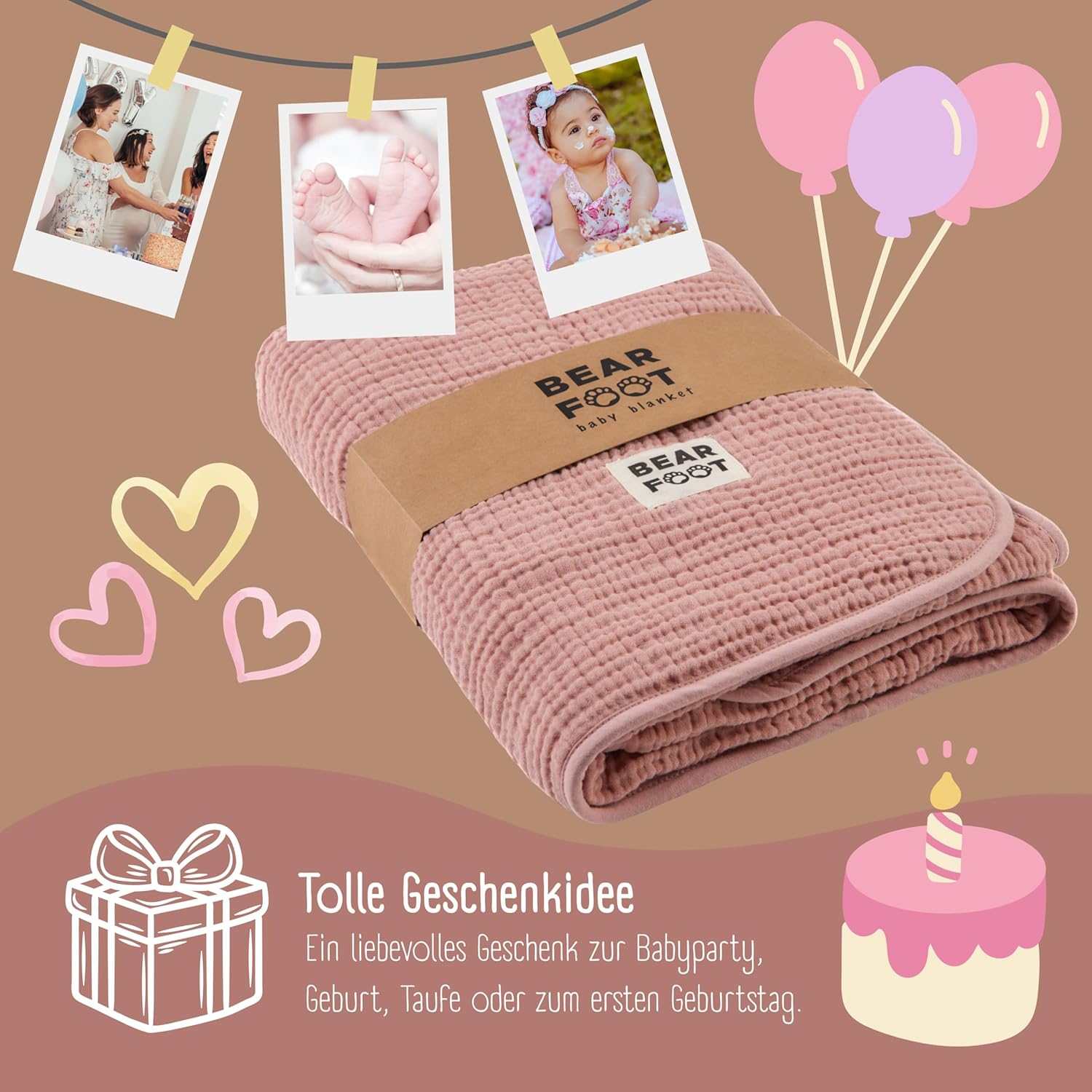 Thumbnail 4 de BEARFOOT Babydecke Musselin-Fleece (Baumwolle/Fleece) in Dusty Rose – 2-seitig für Neugeborene