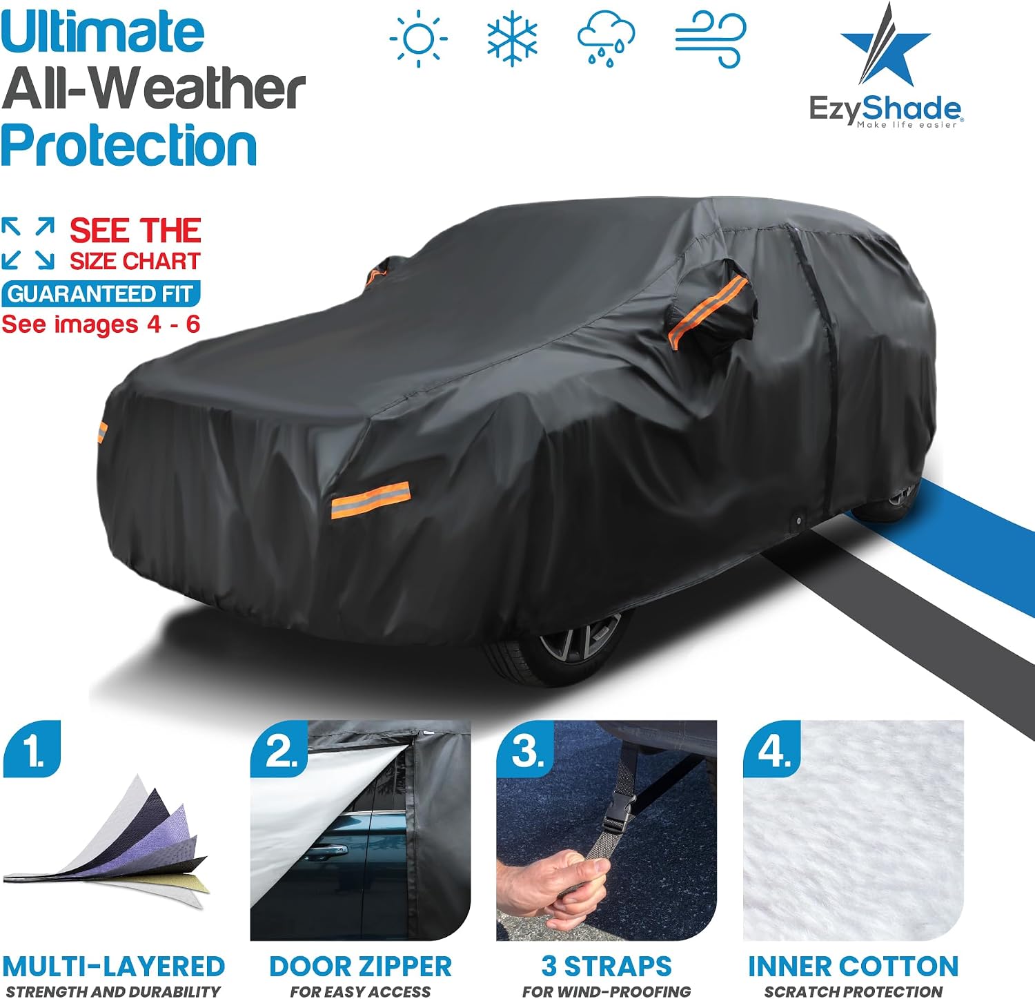 Detalle 2 de EzyShade 10-Layer SUV Car Cover (Waterproof, All-Weather) – Black, Size S3