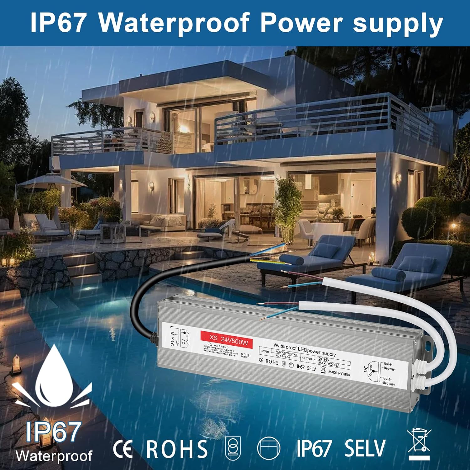 Detalle 2 de Transformador LED IP67 24V 500W para tiras y bombillas⚡