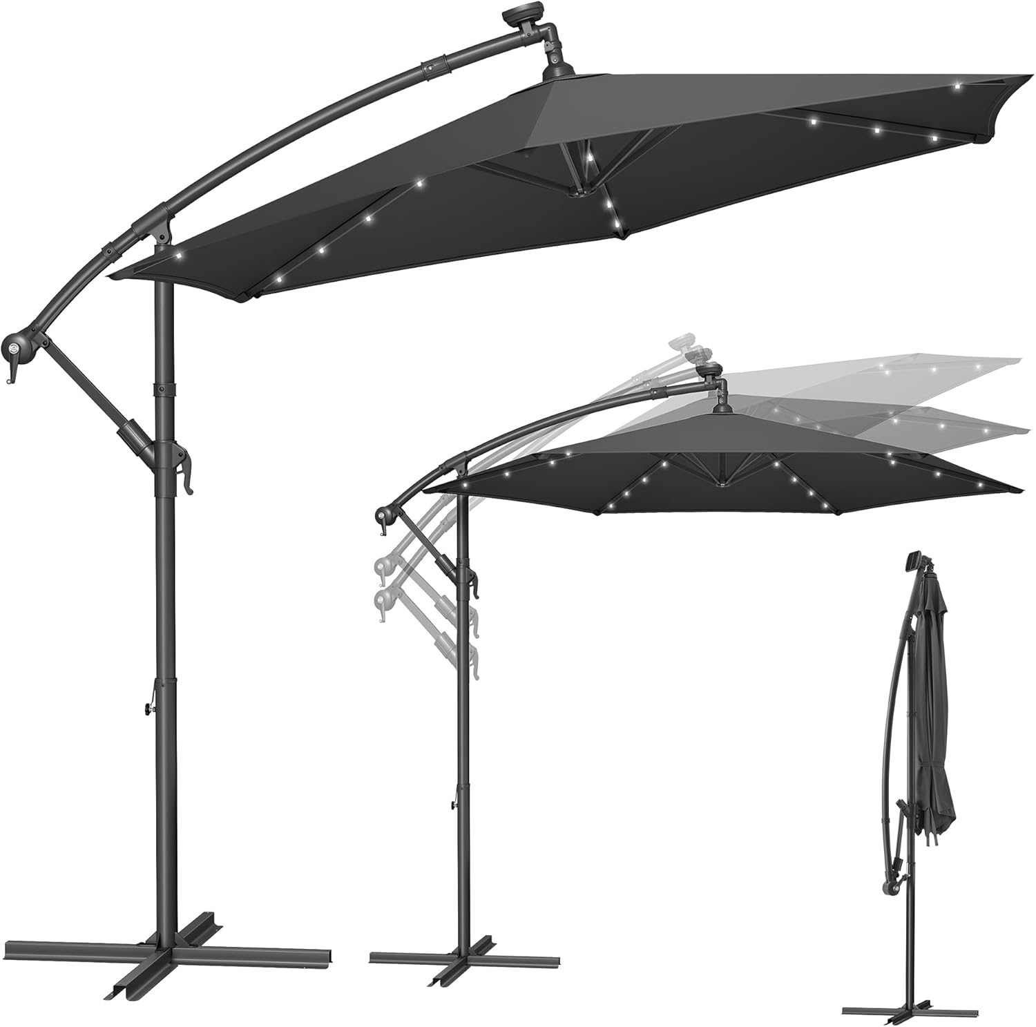 Detalle de SONGMICS Ampelschirm mit LED-Solar-Beleuchtung, 300 cm Durchmesser, Grau – GPU118G01