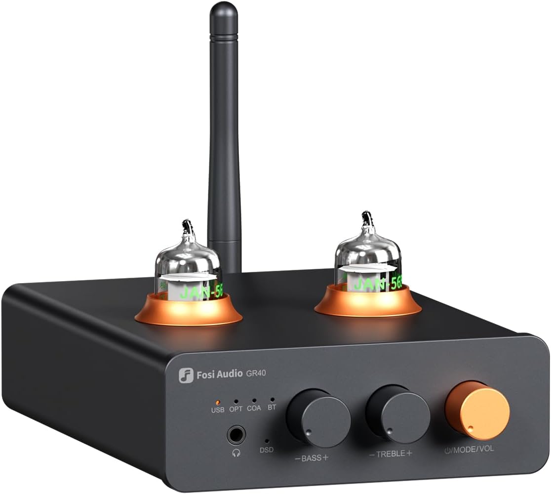 Detalle de Fosi Audio GR40 préamplificateur DAC à tube avec Bluetooth, USB et sorties optique/coaxiale