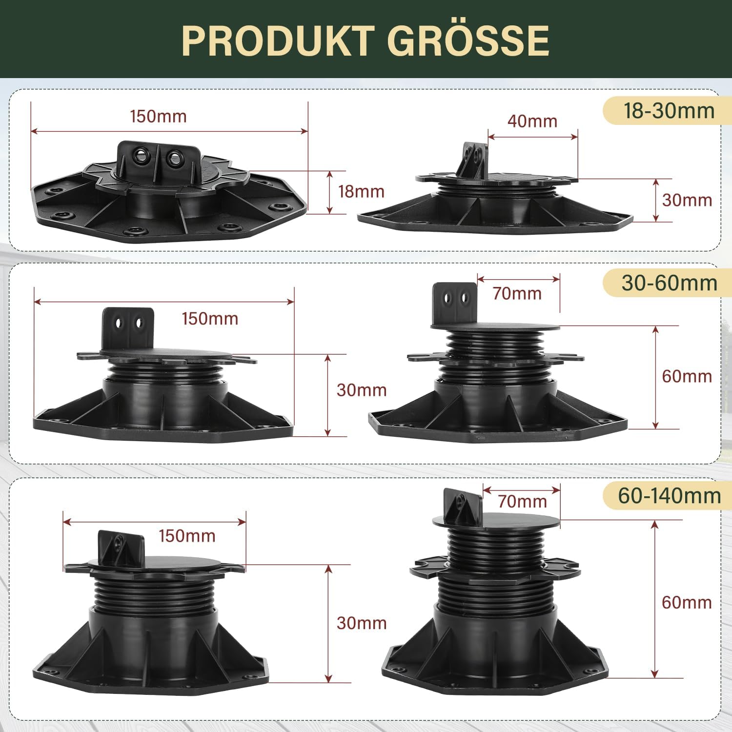 Thumbnail 6 de Herrselsam Stelzlager höhenverstellbar 30 Stück – Plattenlager 60–140 mm für Terrassenunterkonstruktion Holz, WPC und Stein