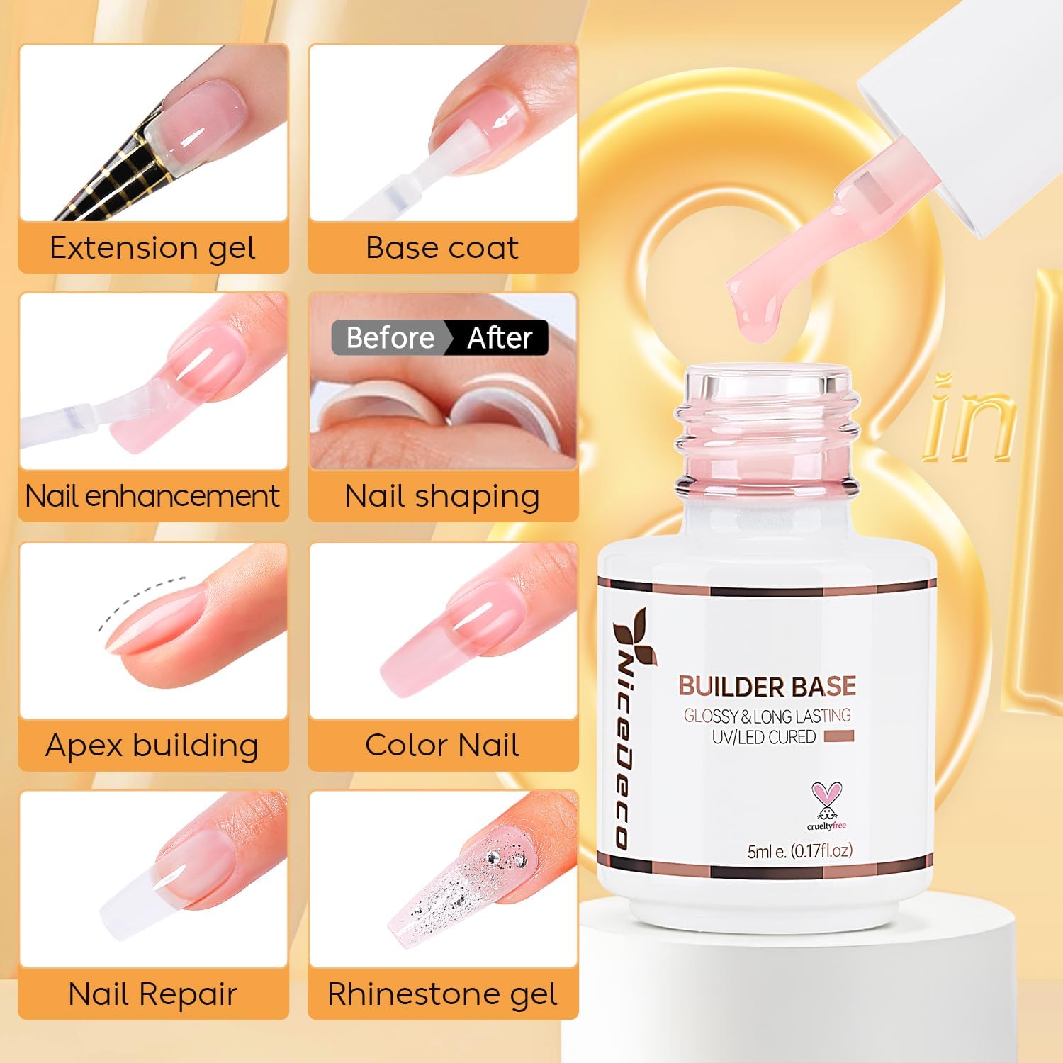 Detalle de Nicedeco 6pcs 5ml Gel Construction Ongle UV 8 en 1 – Base Builder, Renforcement et Extensions
