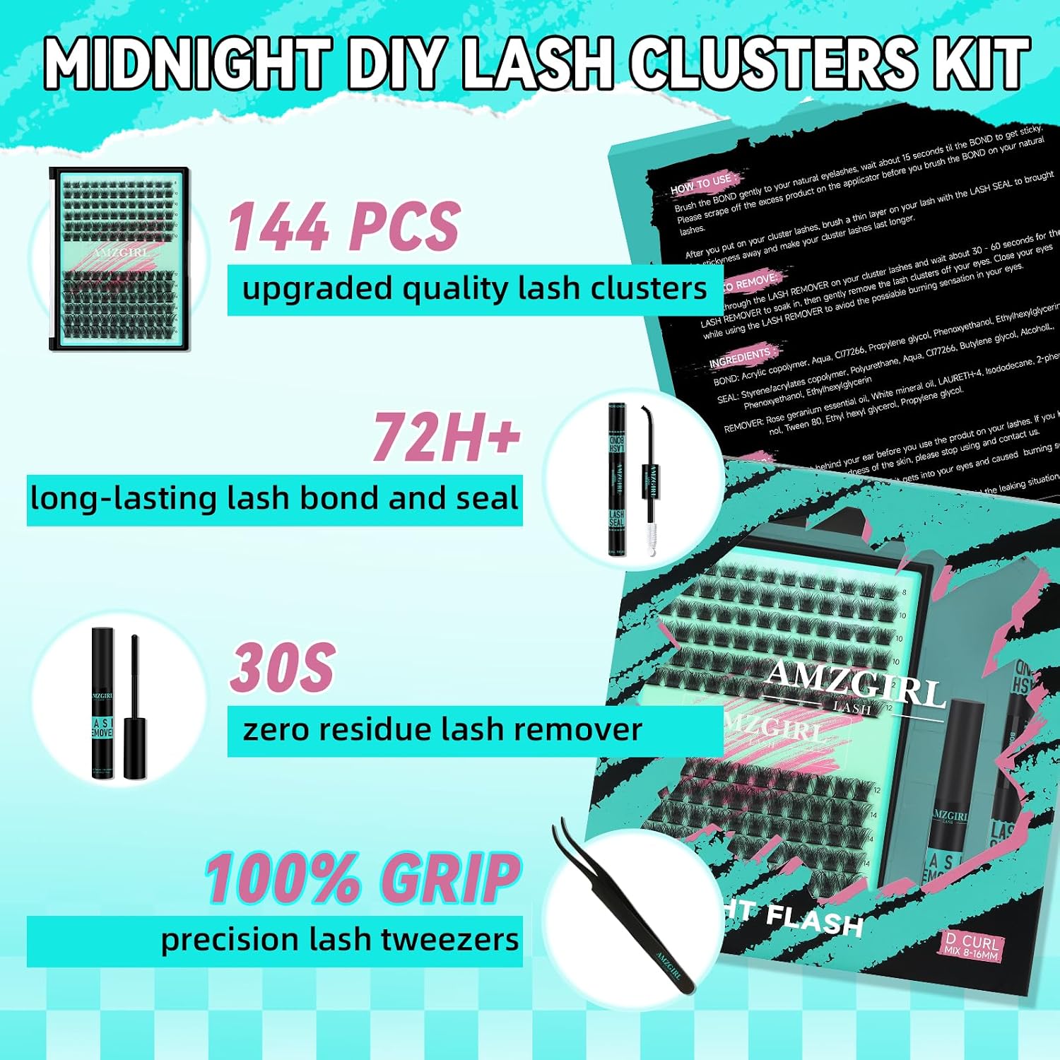Thumbnail 2 de AMZGIRL LASH Midnight Wispy Lash Clusters Kit (D Curl-Mix 8-16mm) – 144 DIY Clusters + Bond & Seal, Remover & Applicator
