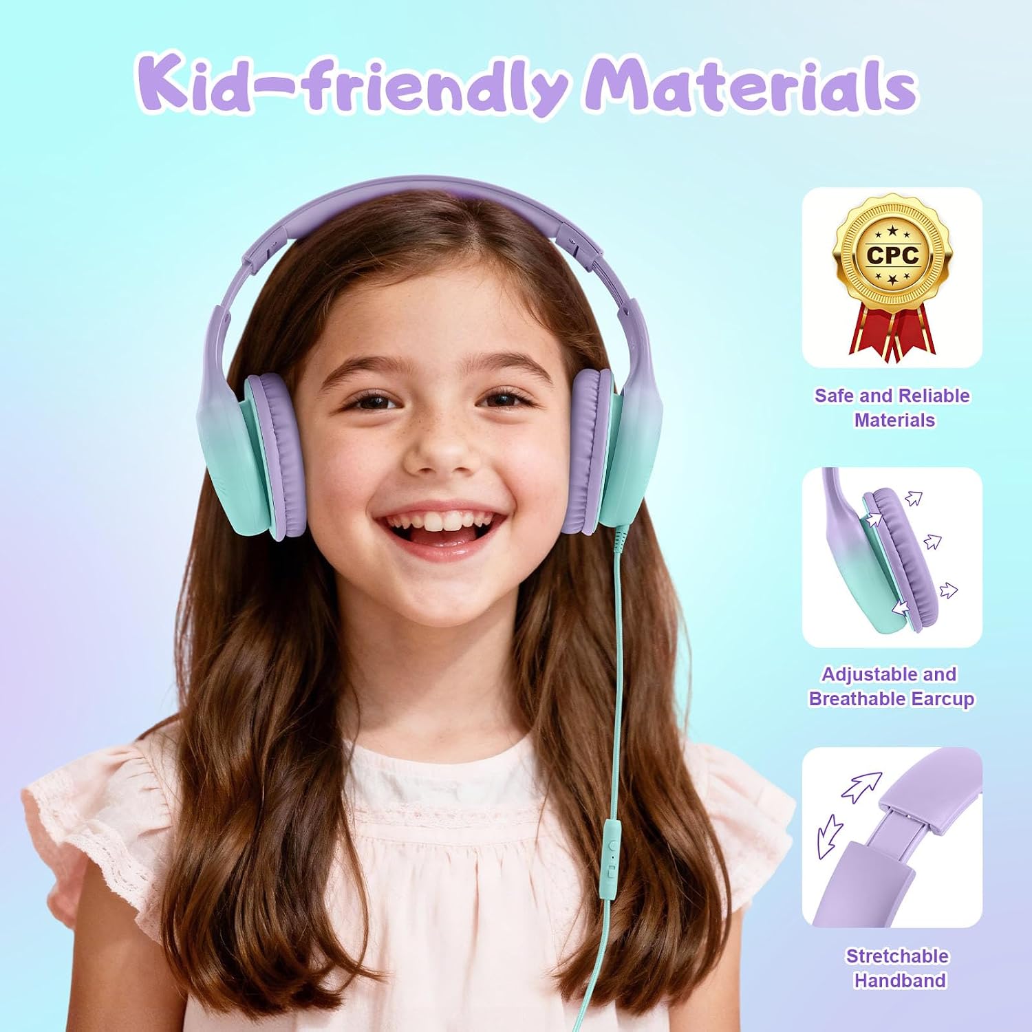 Detalle de Voopwink USB Type-C Kids Headphones KH5 with Microphone — Safe Volume 85/94dB, 40mm Drivers, Durable Nylon Cord, Foldable Over-Ear for School and Travel (Green Violet)