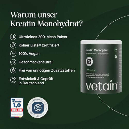 Thumbnail 3 de VETAIN Starter Set: Veganes Proteinpulver Vanille (540 g) + Kreatin Monohydrat (250 g) + Edelstahl-Shaker