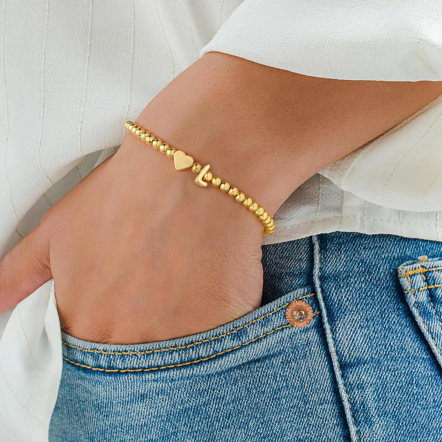 Thumbnail 1 de TINGN Armband Damen Gold – 14K Vergoldet, Herz & Initialien, elastisches Perlenarmband (16,5 cm)