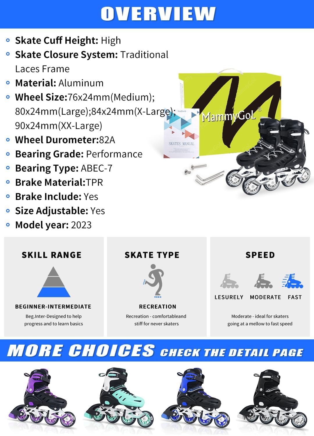 Detalle de MammyGol Adults Adjustable Inline Skates: Safe, Durable, with Giant Wheels