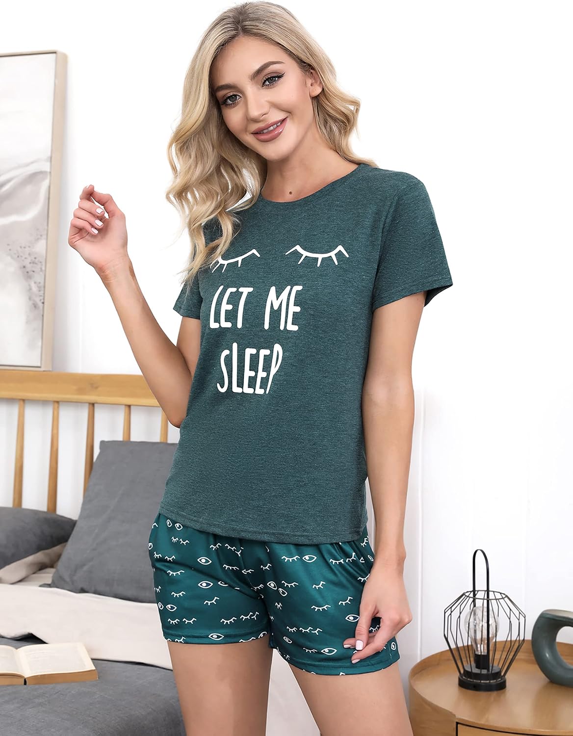 Detalle de Uniexcosm Schlafanzug Damen – Kurz Baumwolle Zweiteiliger Pyjama-Set mit Druck