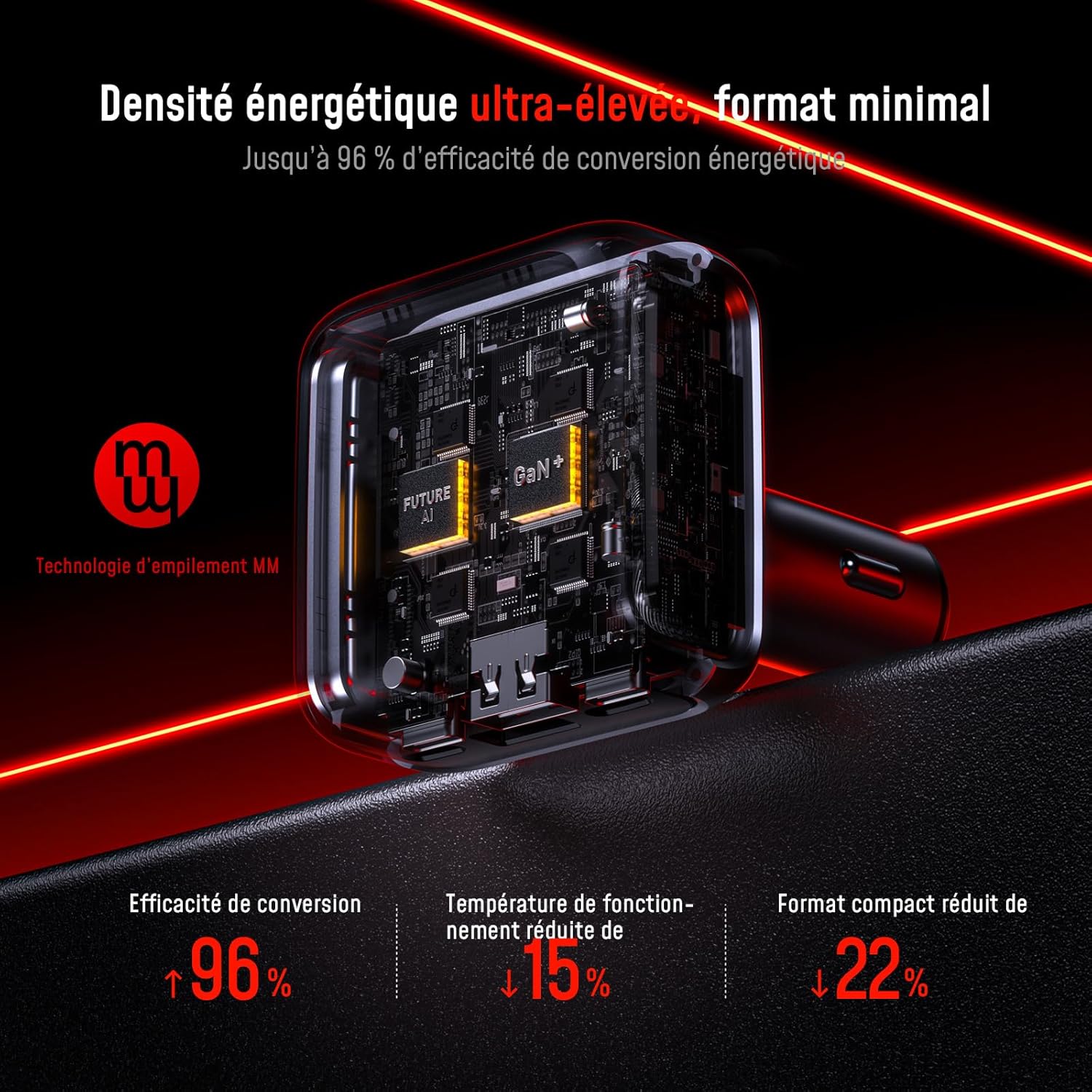 Detalle de AOHI SUPERAUTO 170W: Chargeur voiture USB-C avec affichage intelligent – PD 3.1 140 W, 170 W total (Gris)