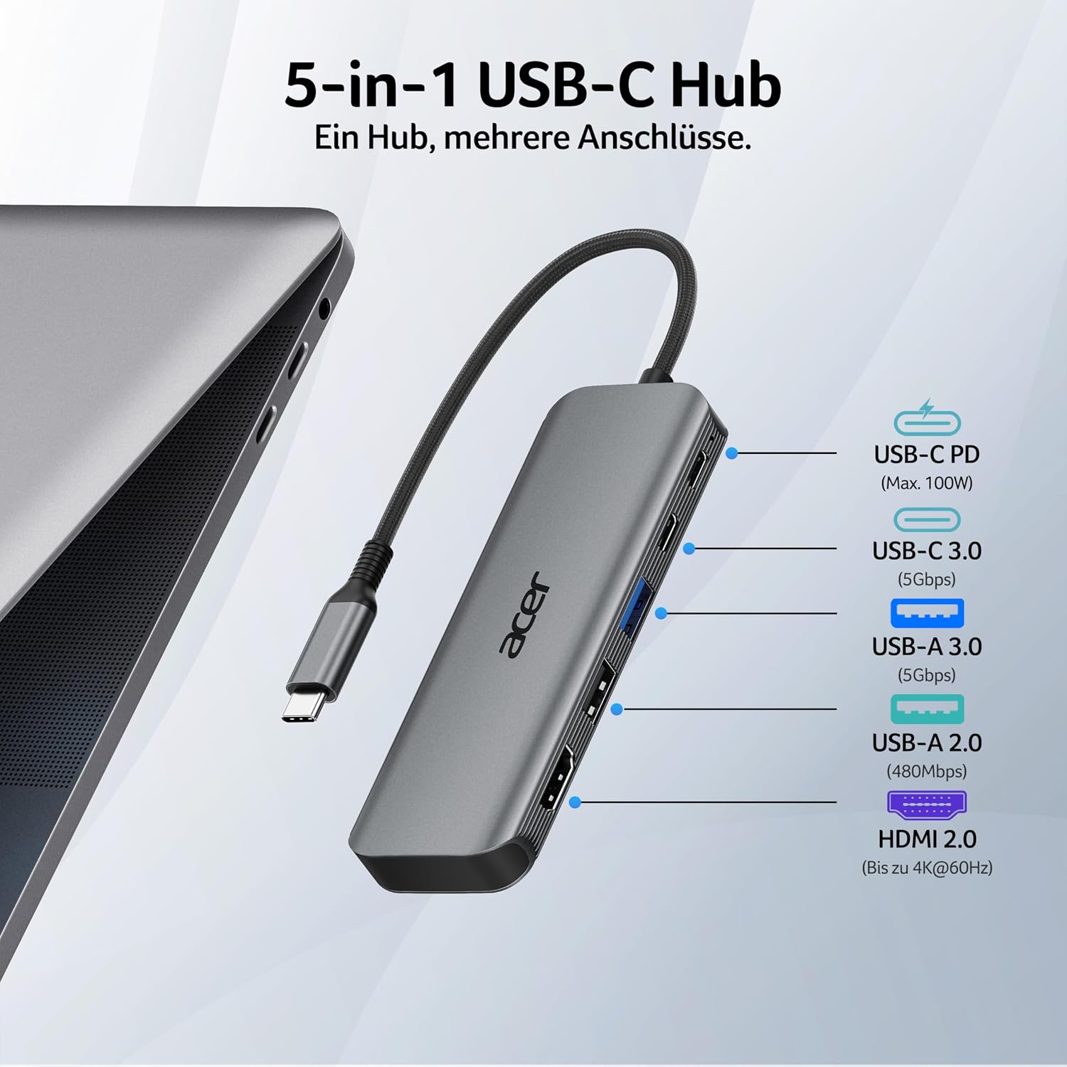 Thumbnail 1 de Acer USB-C Hub 5-in-1: 4K@60Hz, PD 100W, HDMI + USB-A/C