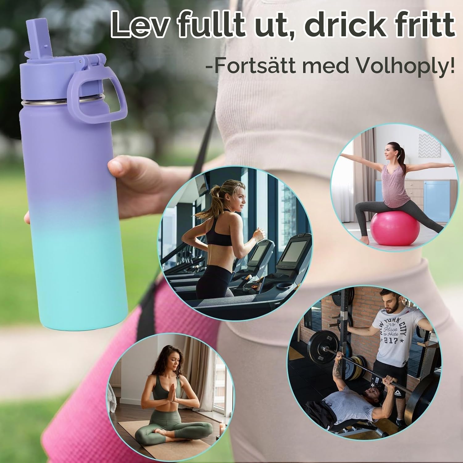 Detalle 1 de Volhoply isolerad vattenflaska i rostfritt stål, 600 ml, 2-pack
