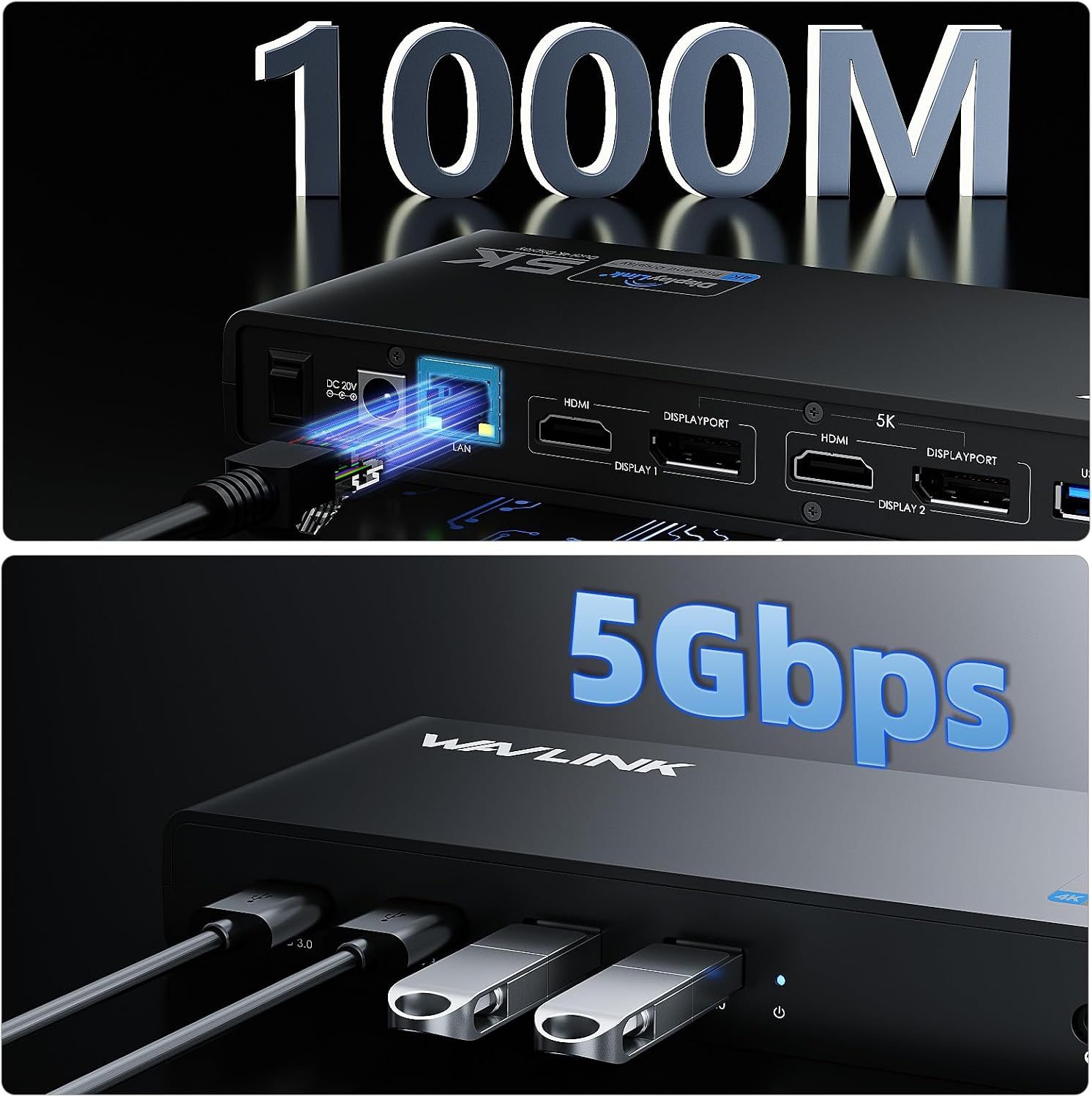 Detalle de WAVLINK DisplayLink docking station USB-C universale con 2 HDMI, 1 DP e USB 3.0 (fino a 4K/60 Hz) + Gigabit Ethernet